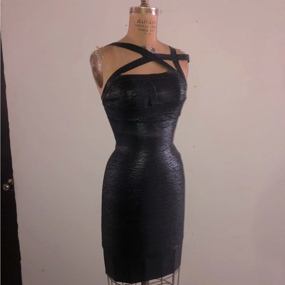 [Gstudio] Black Leather effects Cutout Sexy Bandage Body-con Mini Corset Dress - Picture 4 of 16